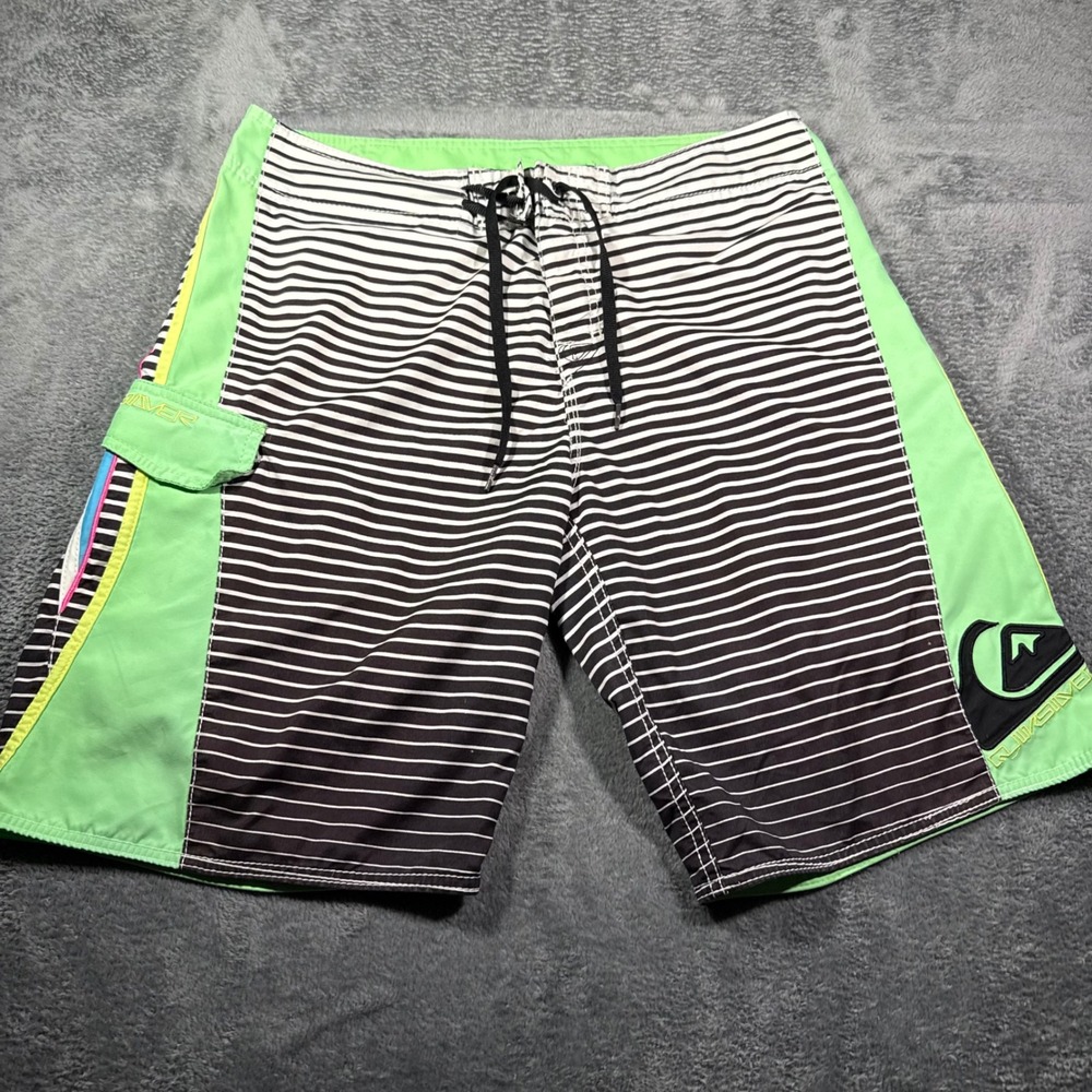 Quiksilver Mens Board Shorts 36 Black White Striped Neon Green Blue A101795